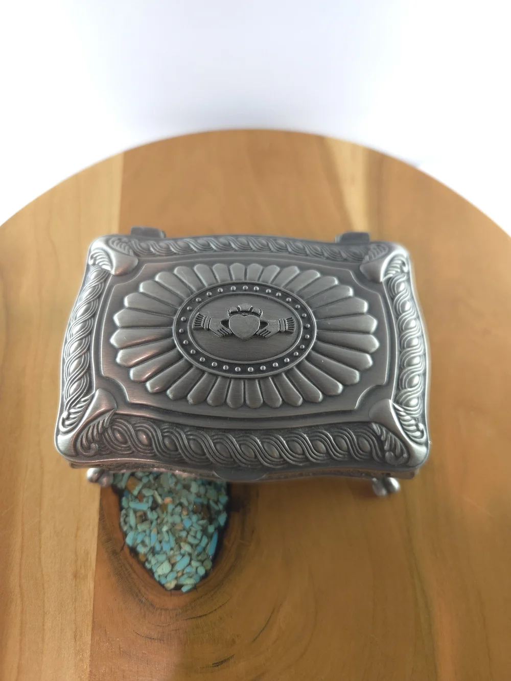 Mullingar Pewter Claddagh Jewelry Box Celtic Irish, Blue Velvet, Vintage 1980s